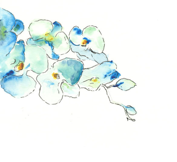 Watercolor Orchid in shades of blue, turquoise and green