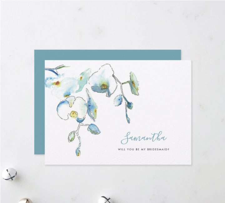 Bridesmaid proposal cards. This card is designed with tropical watercolor orchids in shades of blue, turquoise and green. Click to shop Victoria Rigali's complete line. 