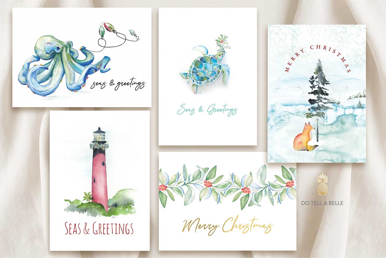 Small business Saturdays features a flat lay of watercolor Christmas cards by Victoria Grigaliunas of Do Tell A Belle.