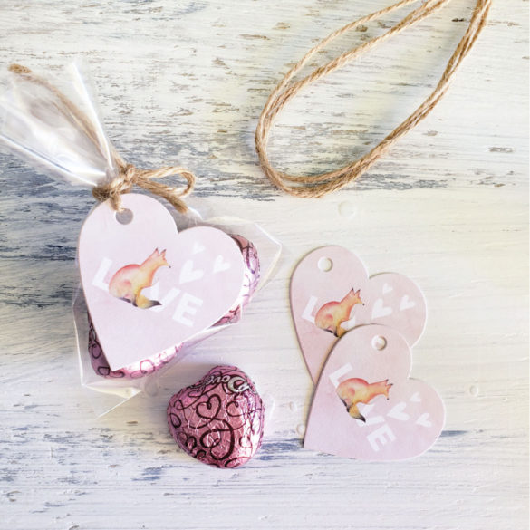 cute heart shaped favor tags with watercolor fox on pink background