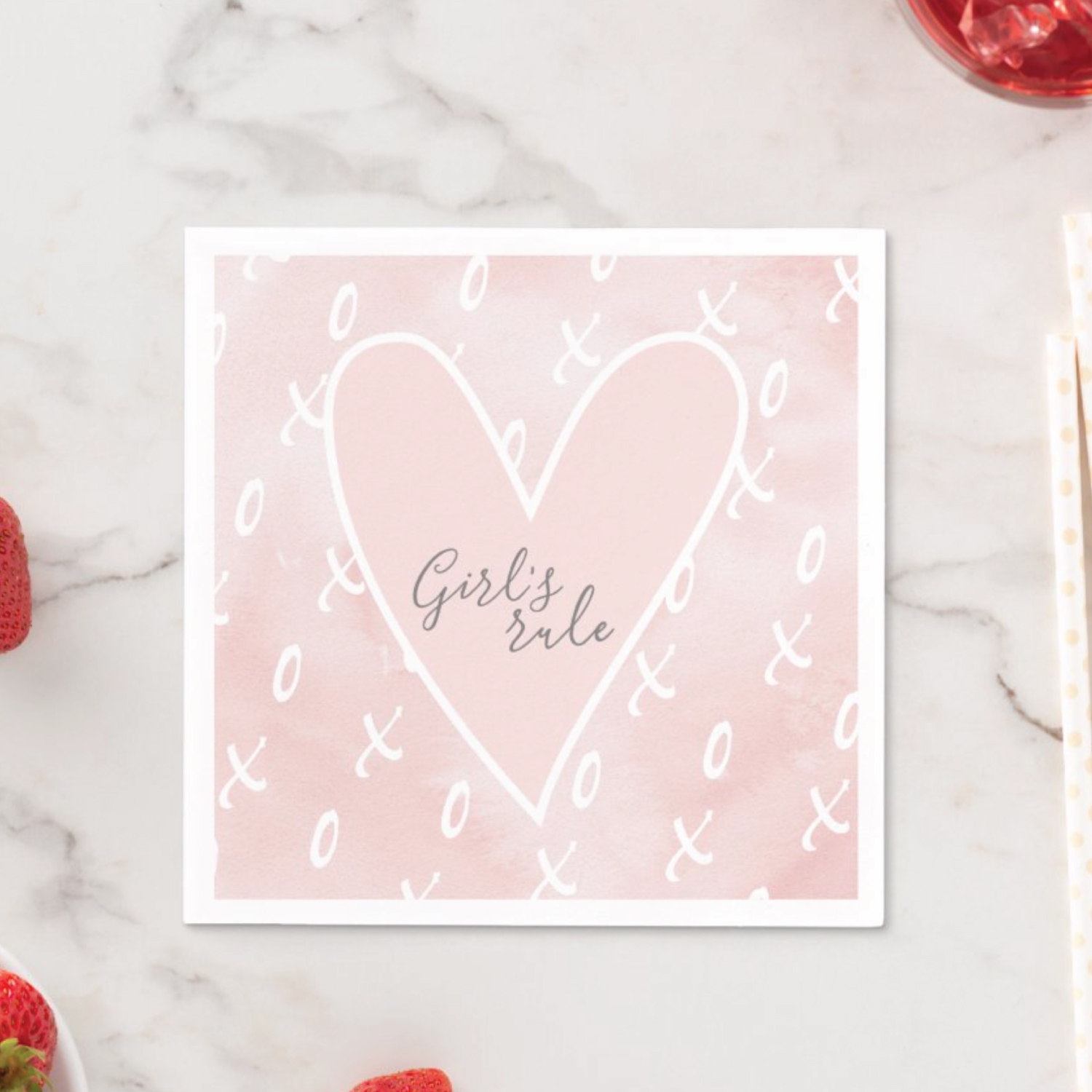 cute modern love themed cocktail paper napkin that features the words Girl's Rule over a watercolor blush pink heart background. A trendy pattern of X's and O's adorn this party decor. Perfect for Galantine's and Valentine's day parties. Click to shop this cocktail napkin