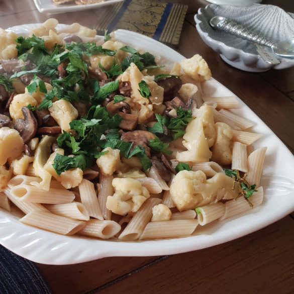 vegan marsala made with cauliflower and mushrooms in a creamy sauce over penne pasta