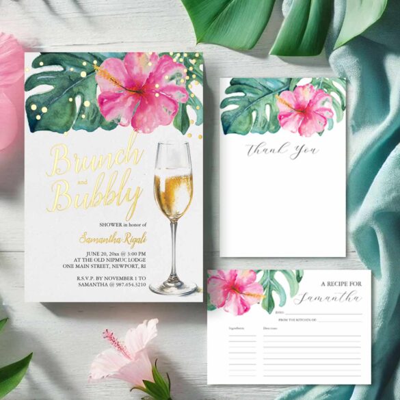 brunch and bubbly bridal shower themes features tropical invitations and stationery with pink hibiscus flowers and gold foil lettering. Designed with hand painted watercolor art by Palm Beach artist Victoria Grigaliunas of Do Tell A Belle.