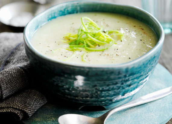 cauliflower leek soup is a low carb vegan alternative to potato leek soup