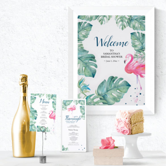 Do Tell A Belle tropical stationery suite featuring watercolor pink flamingo and monstera palm leaves by Victoria Rigali Designs