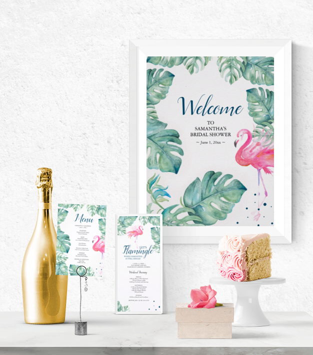 Throw a tropical themed brunch and bubbly bridal shower with these pink flamingo and monstera palm leaves party decorations. They feature my original watercolor art. 