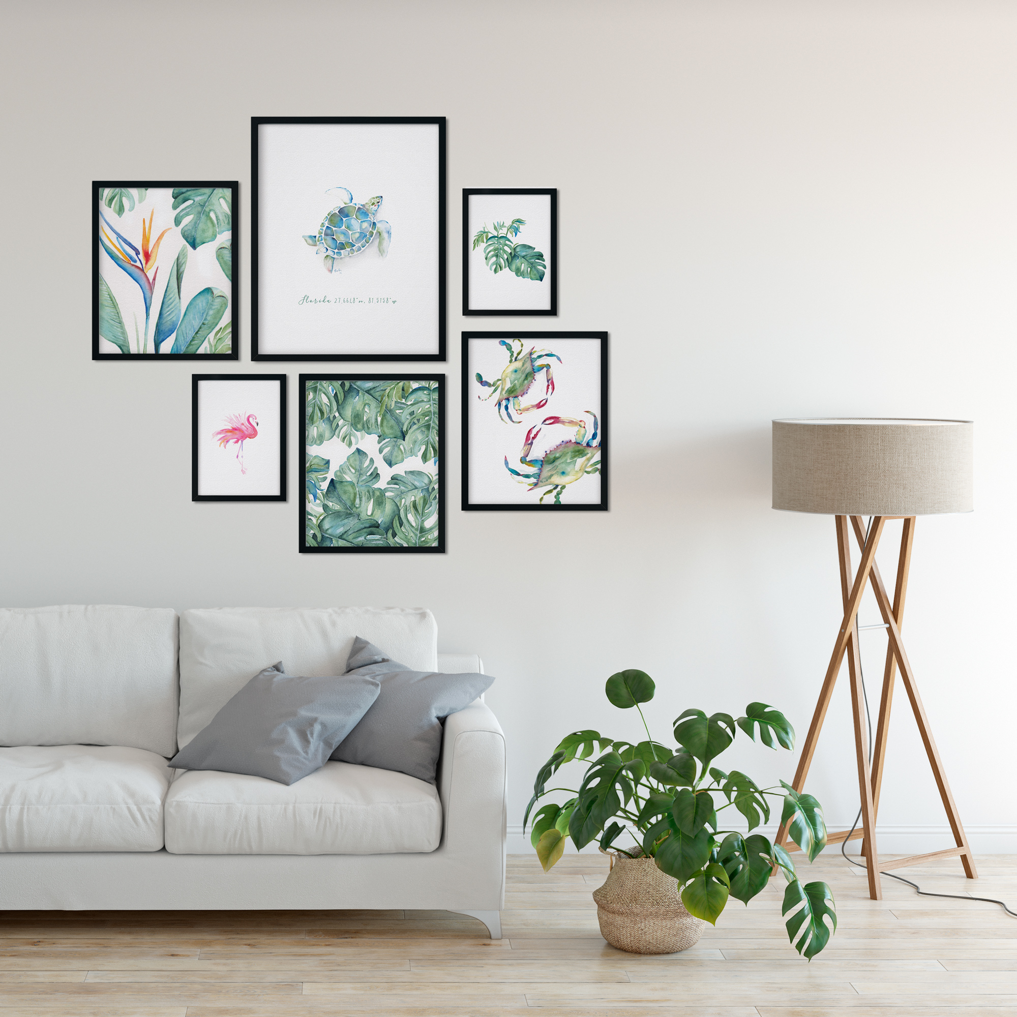 Tropical watercolor art gallery wall ideas for living room