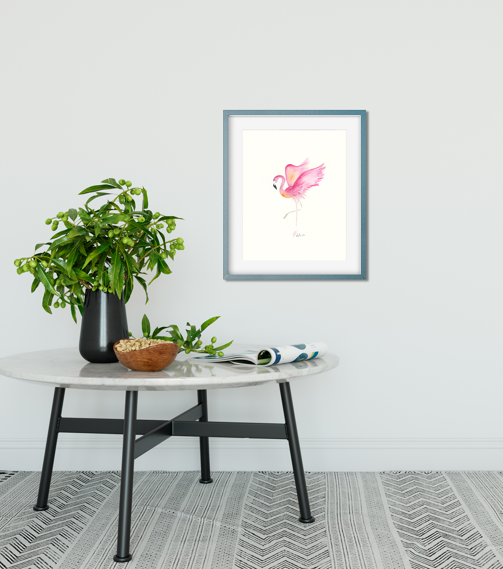 Simple watercolor pink flamingo painting or print