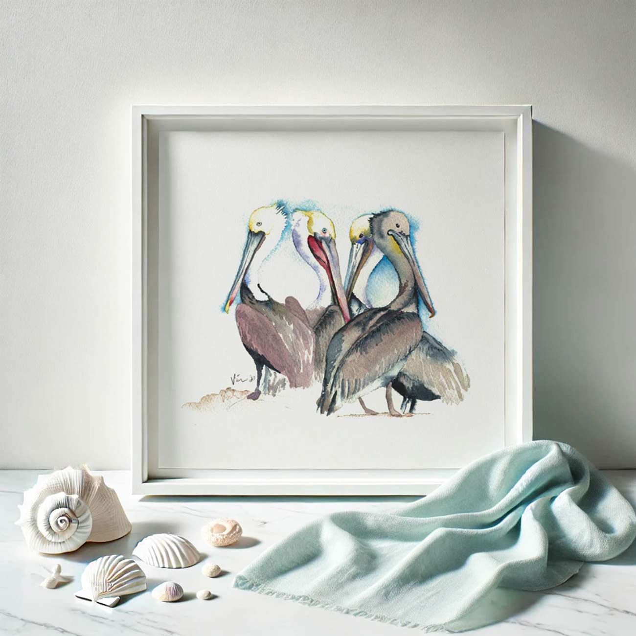 Florida watercolors feature pelican art by Victoria Grigaliunas of Do Tell A Belle. Tap the button below to shop.