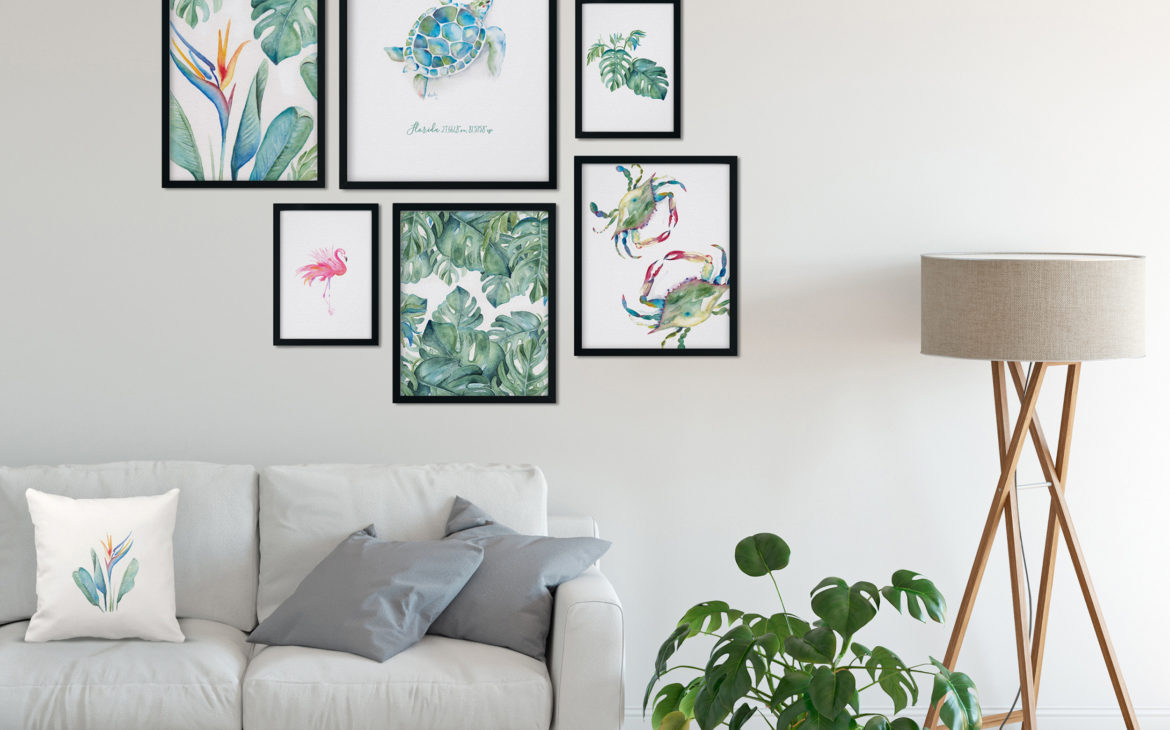 Watercolor tropical wall art for Florida interiors