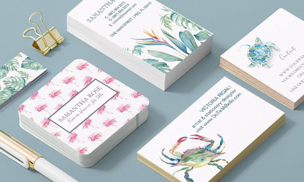 tropical watercolor business cards, pink flamingo, palm leaves, tropical flowers, bird of paradise, sea turtle, blue crab