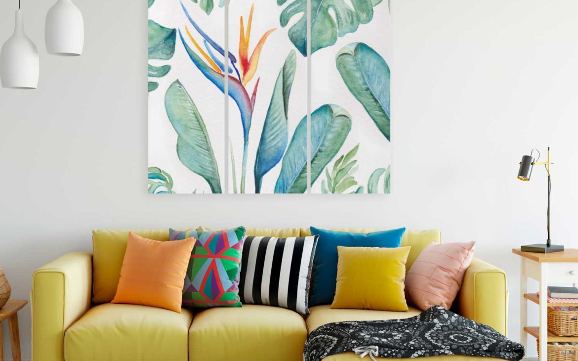 Watercolor Monstera Palm Leaves and Bird of Paradise Flower Triptych print by Victoria Grigaliunas of Victoria Rigali Designs. Tropical floral and greenery watercolors in colorful shades of orange, green and blues.
