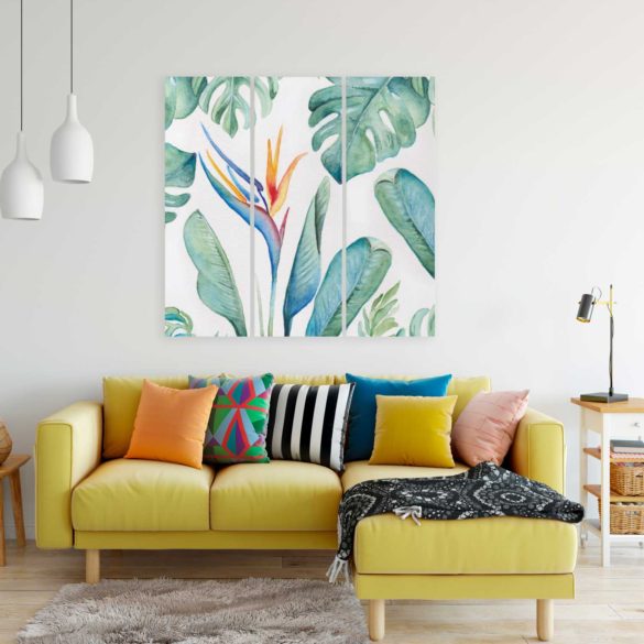 Watercolor Monstera Palm Leaves and Bird of Paradise Flower Triptych print by Victoria Grigaliunas of Victoria Rigali Designs. Tropical floral and greenery watercolors in colorful shades of orange, green and blues.