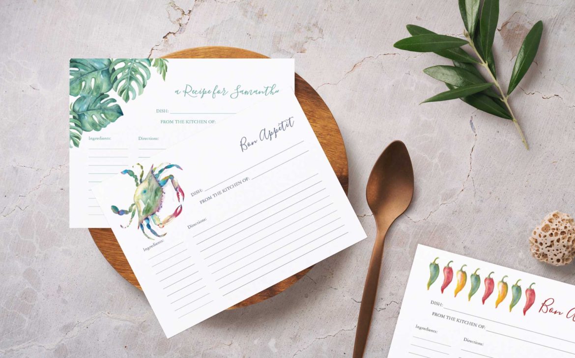 monstera palm leaf recipe card, blue crab recipe card and chili paper recipe card in watercolor