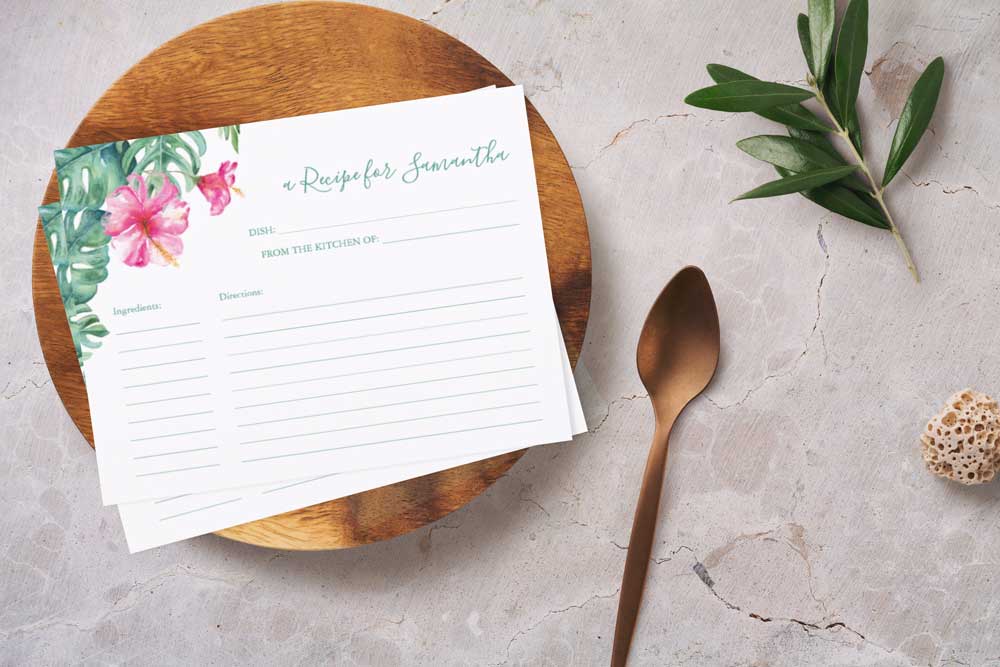 Beautifully designed recipe cards featuring my original watercolor pink hibiscus flower and monstera leaves