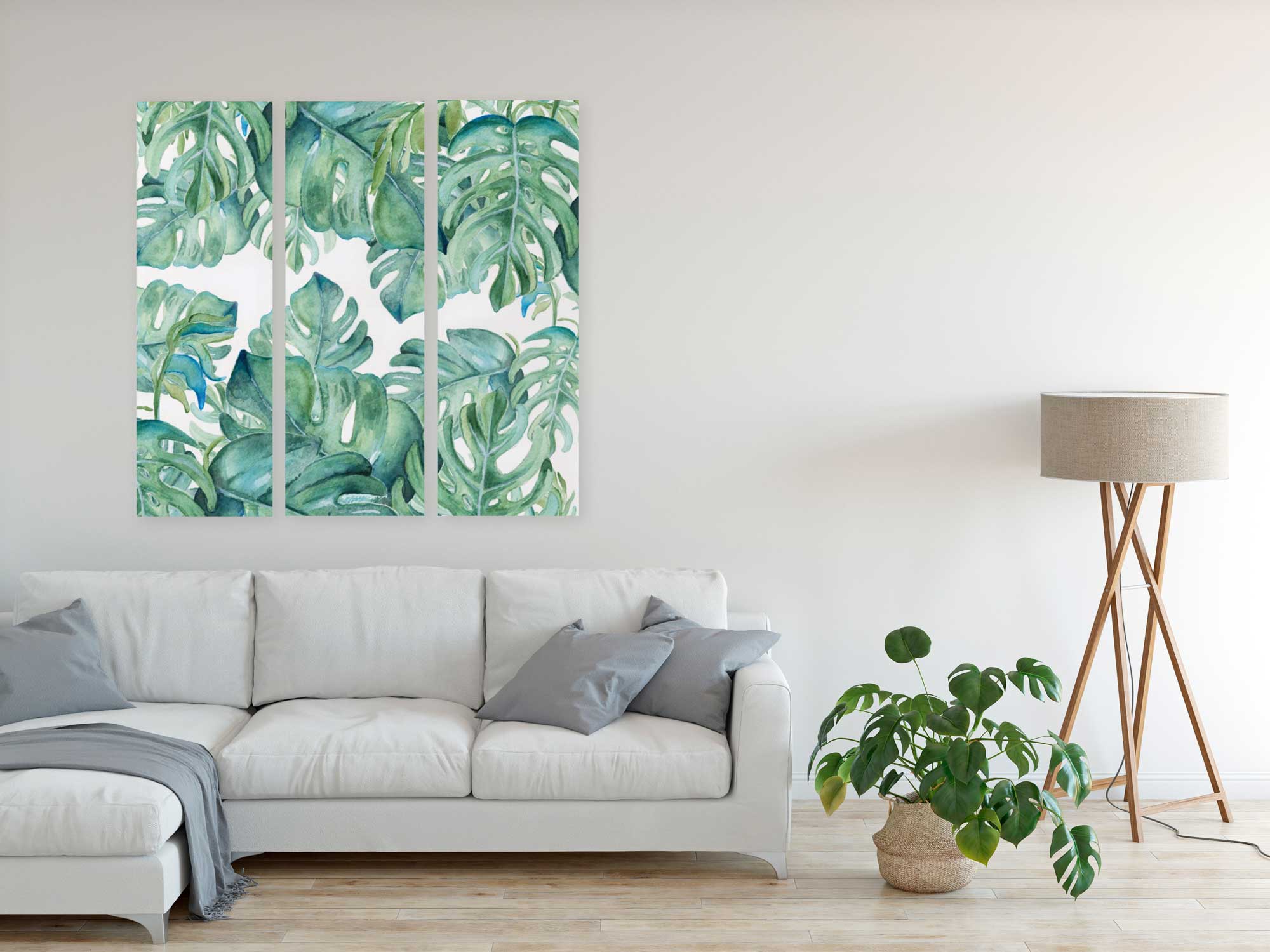 Watercolor Monstera Palm Leaves Triptych print by Victoria Grigaliunas of Victoria Rigali Designs. Tropical greenery watercolors in colorful shades of green and blues.