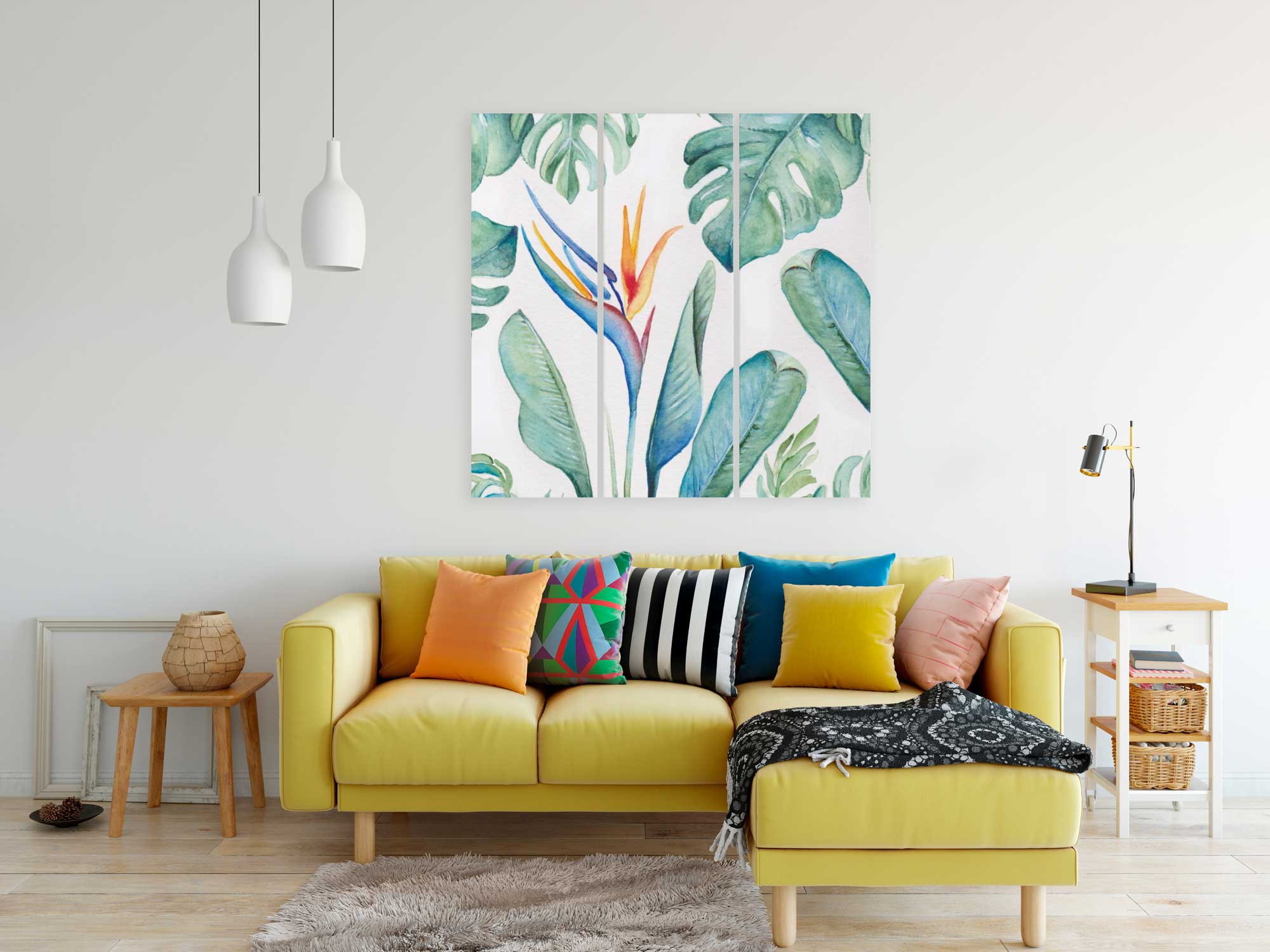 Watercolor Monstera Palm Leaves and Bird of Paradise Flower Triptych print by Victoria Grigaliunas of Victoria Rigali Designs. The art print features tropical florals and foliage in colorful shades of blue, orange and greens. 