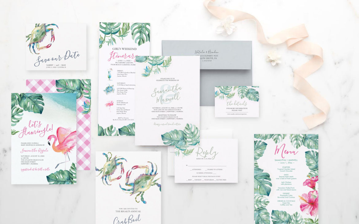 Tropical watercolor invitations by Victoria Rigali Designs of Do Tell A Belle