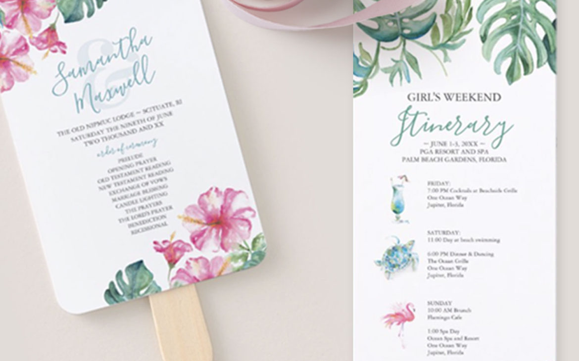 tropical wedding program fan and wedding weekend itinerary with pink hibiscus flowers and monstera palm leaves. Lots of different designs and styles to choose from. Shop Do Tell A Belle on Zazzle to see them all.