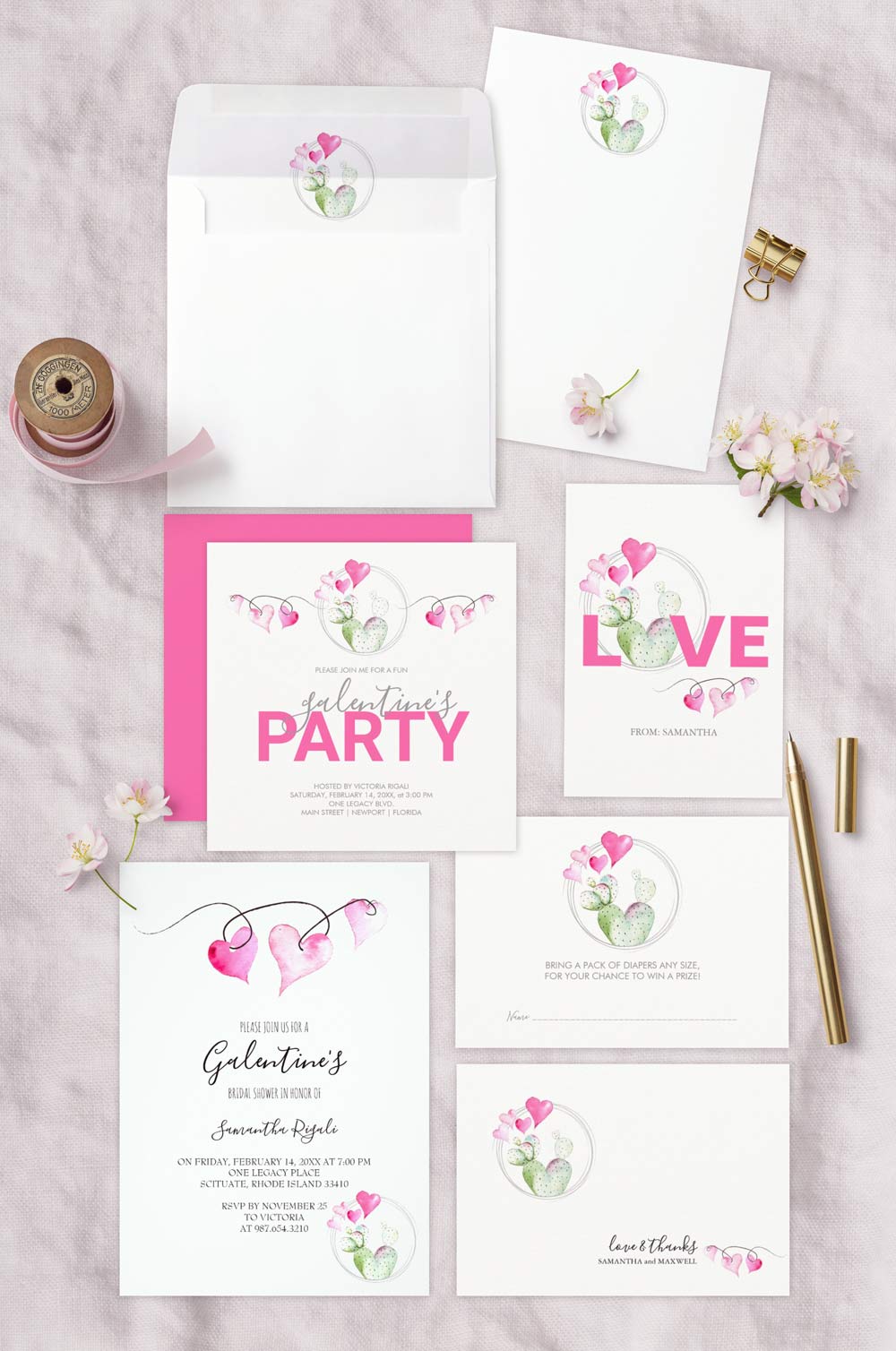 My stationery design in a replica watercolor heart shaped cactus encircled by watercolor hearts in shades of pink and green. 
