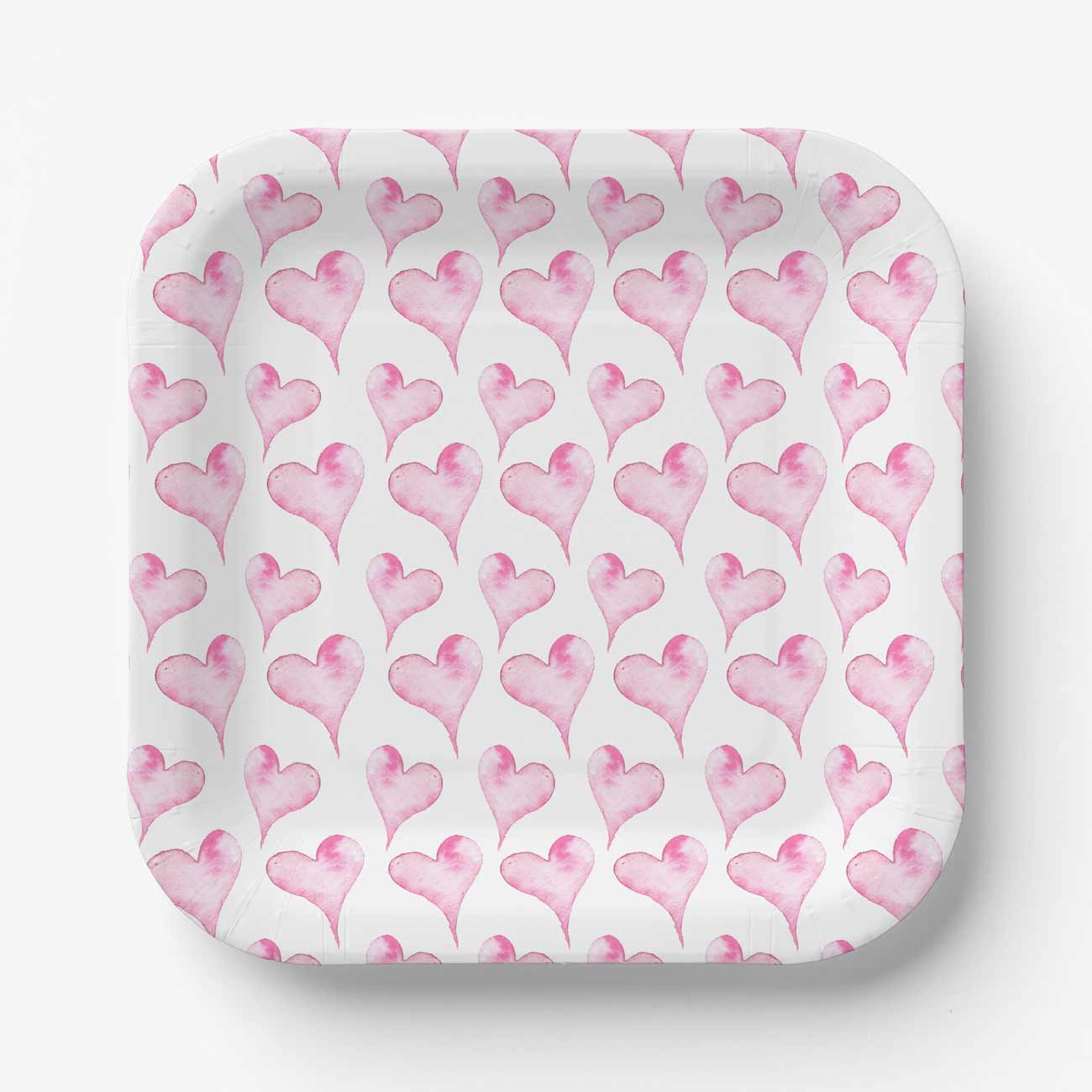 paper plates for valentine's day feature a watercolor pink heart pattern. click the button below to shop.