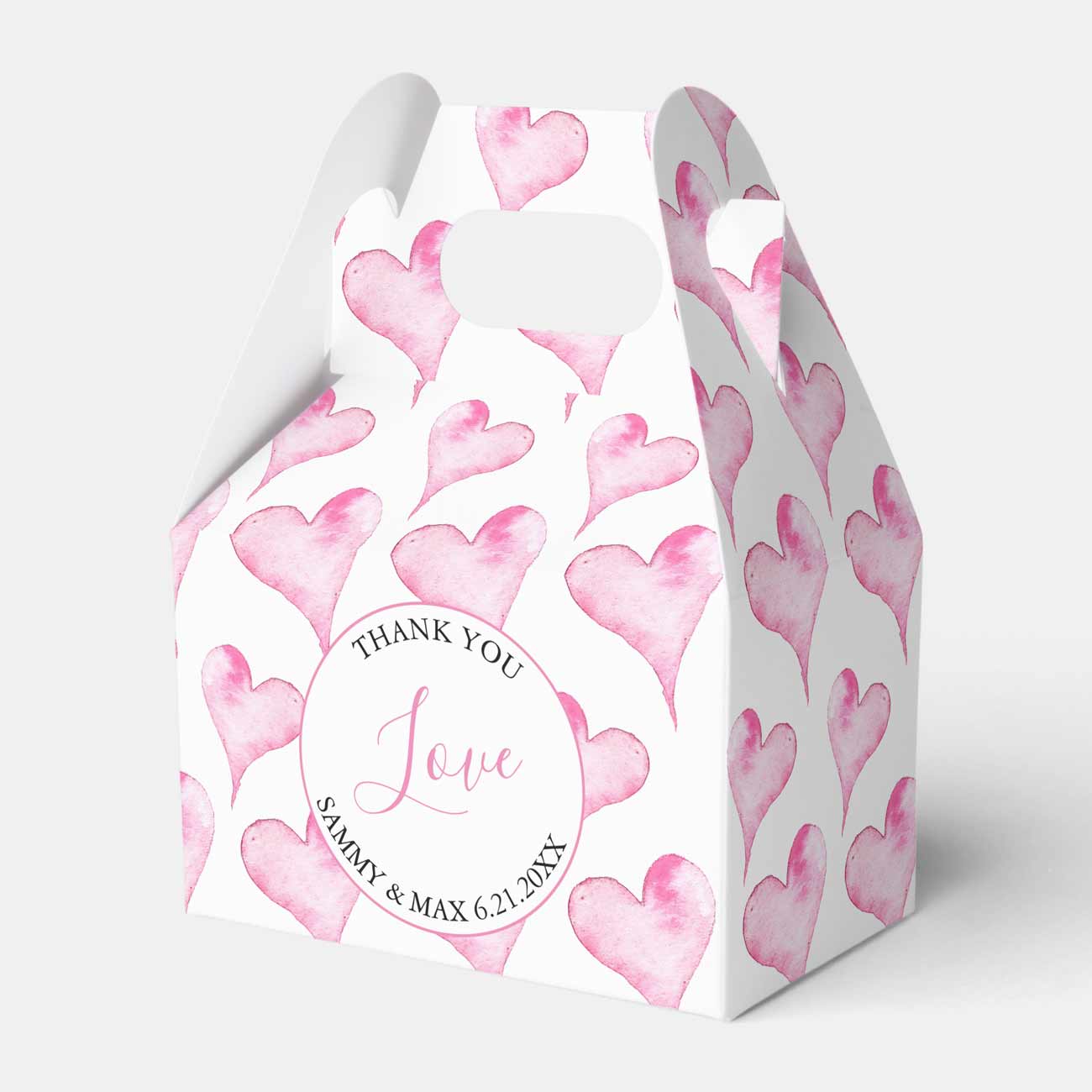 Valentines box ideas features watercolor hearts. Use the template fields to add your custom text. Fill with chocolate or cookies or anything you like. Makes a great favor box.