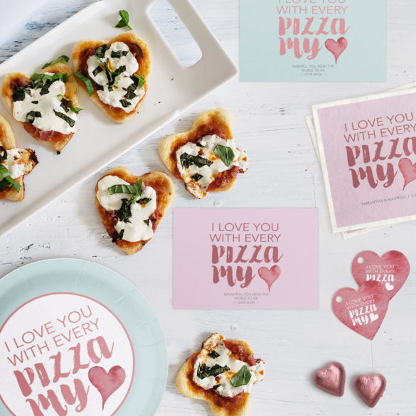 heart shaped kid size pizza and party decor for Valentines day