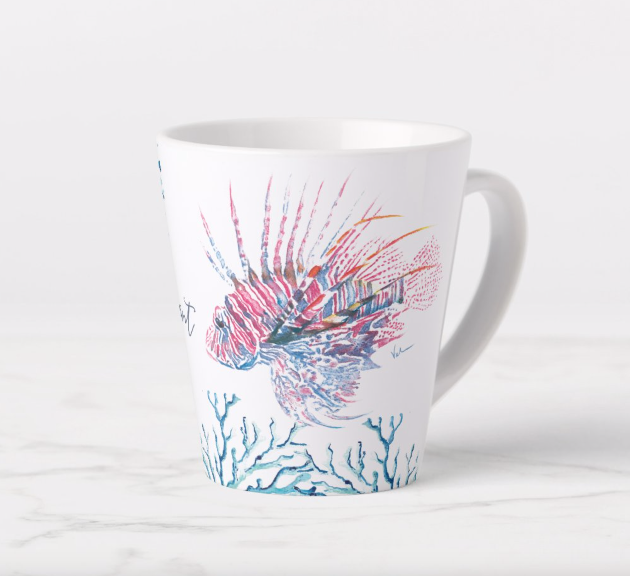 Latte mug designed with a replica of my original watercolor lionfish in shades of reds and blues