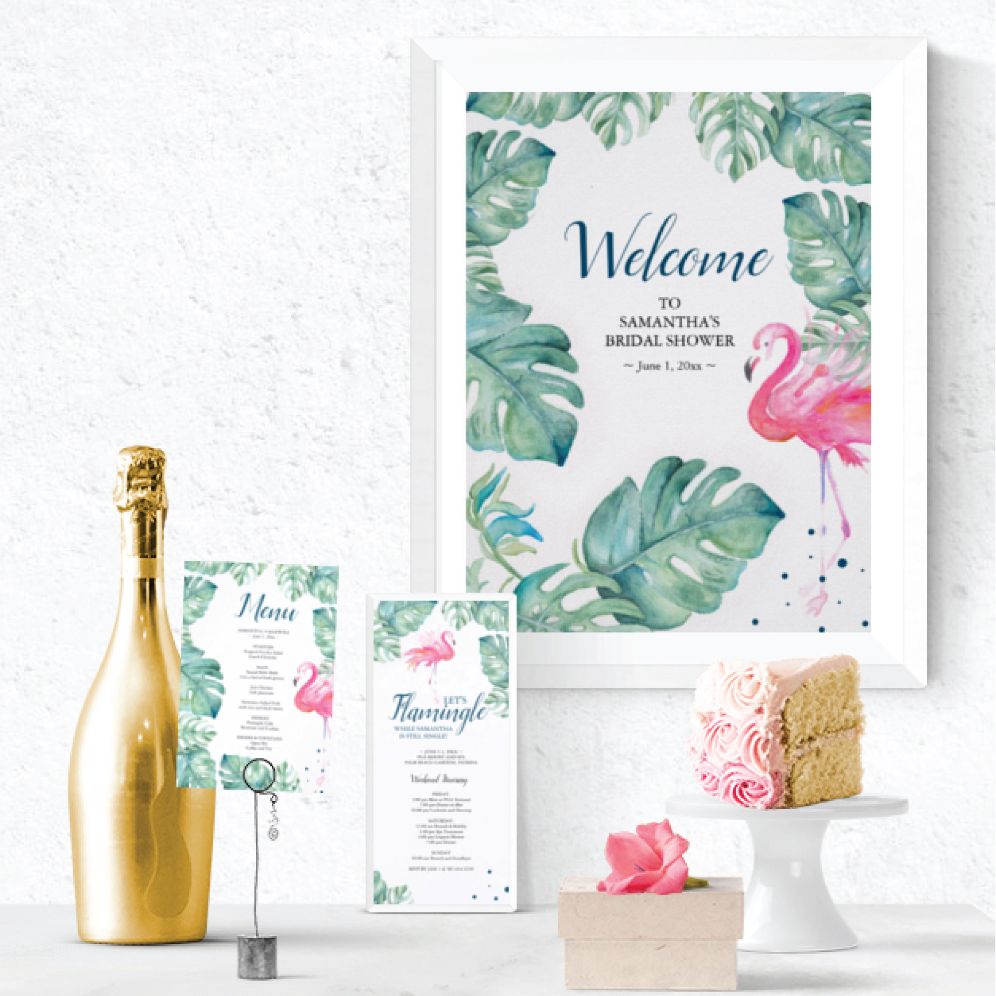 Tropical brunch and bubbly party stationery featuring my watercolor pink flamingo and monstera palm leaves. Menu card, itinerary, and welcome sign.
