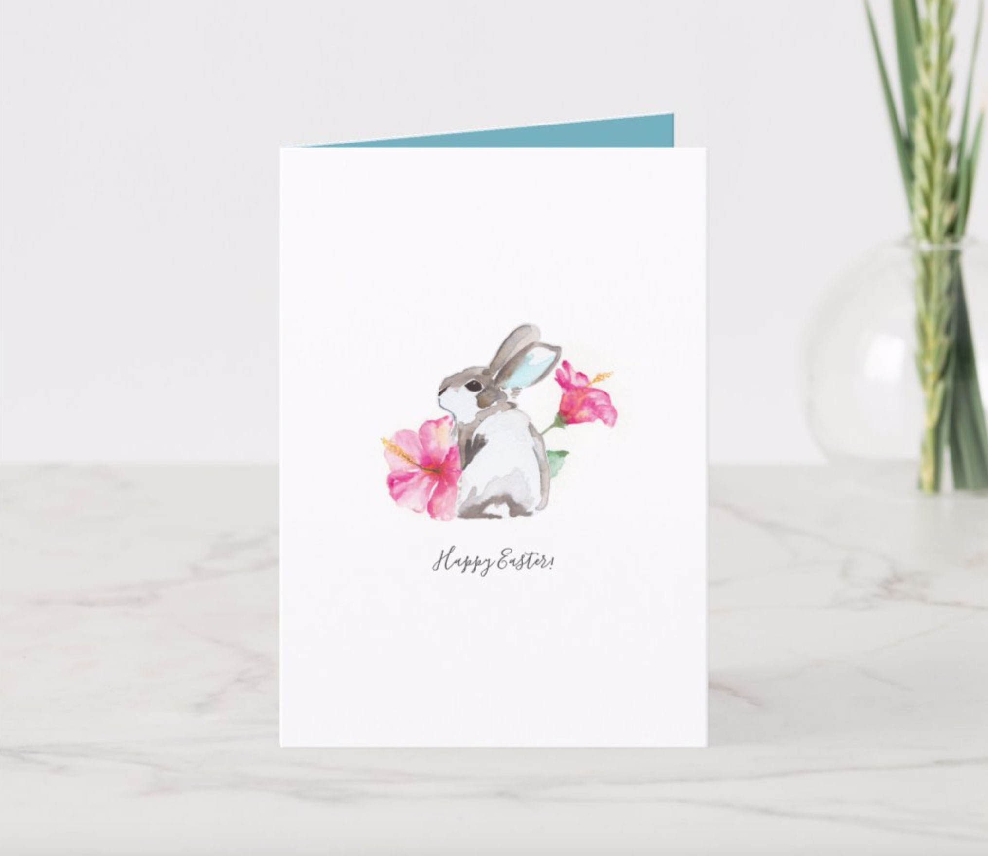 Cute watercolor bunny with pink florals Easter card.
