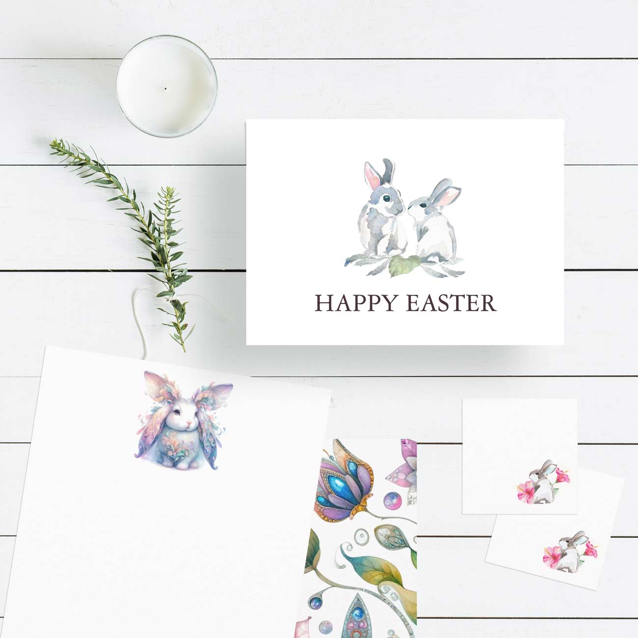 Watercolor Easter greeting cards in various styles, shapes, and sizes featuring bunnies, florals, pastel botanicals, and hand-lettered Happy Easter designs — perfect for readers searching where to find unique Easter greeting cards online.
