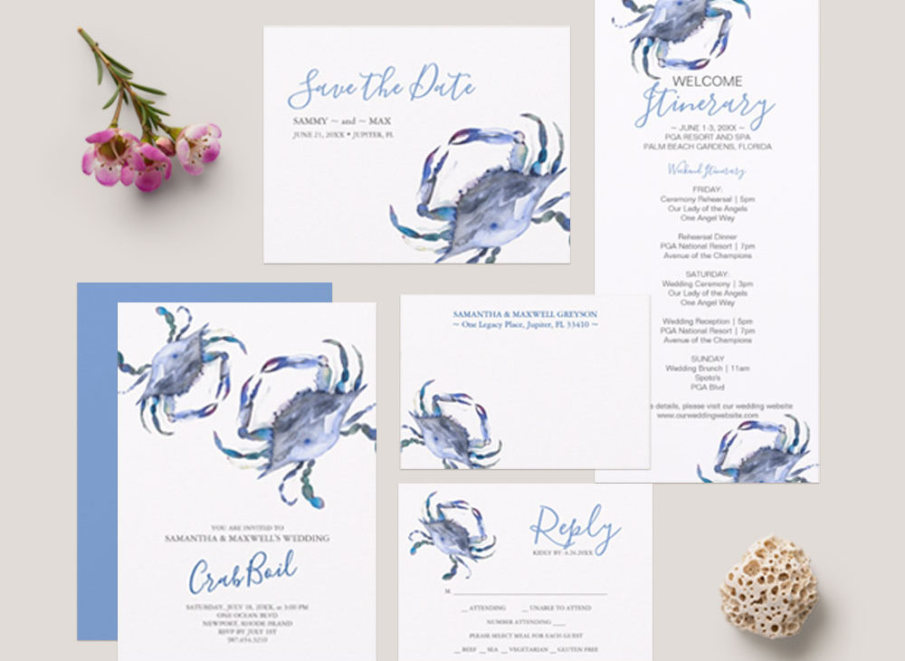 Wedding By The Sea Blue Watercolor Crab