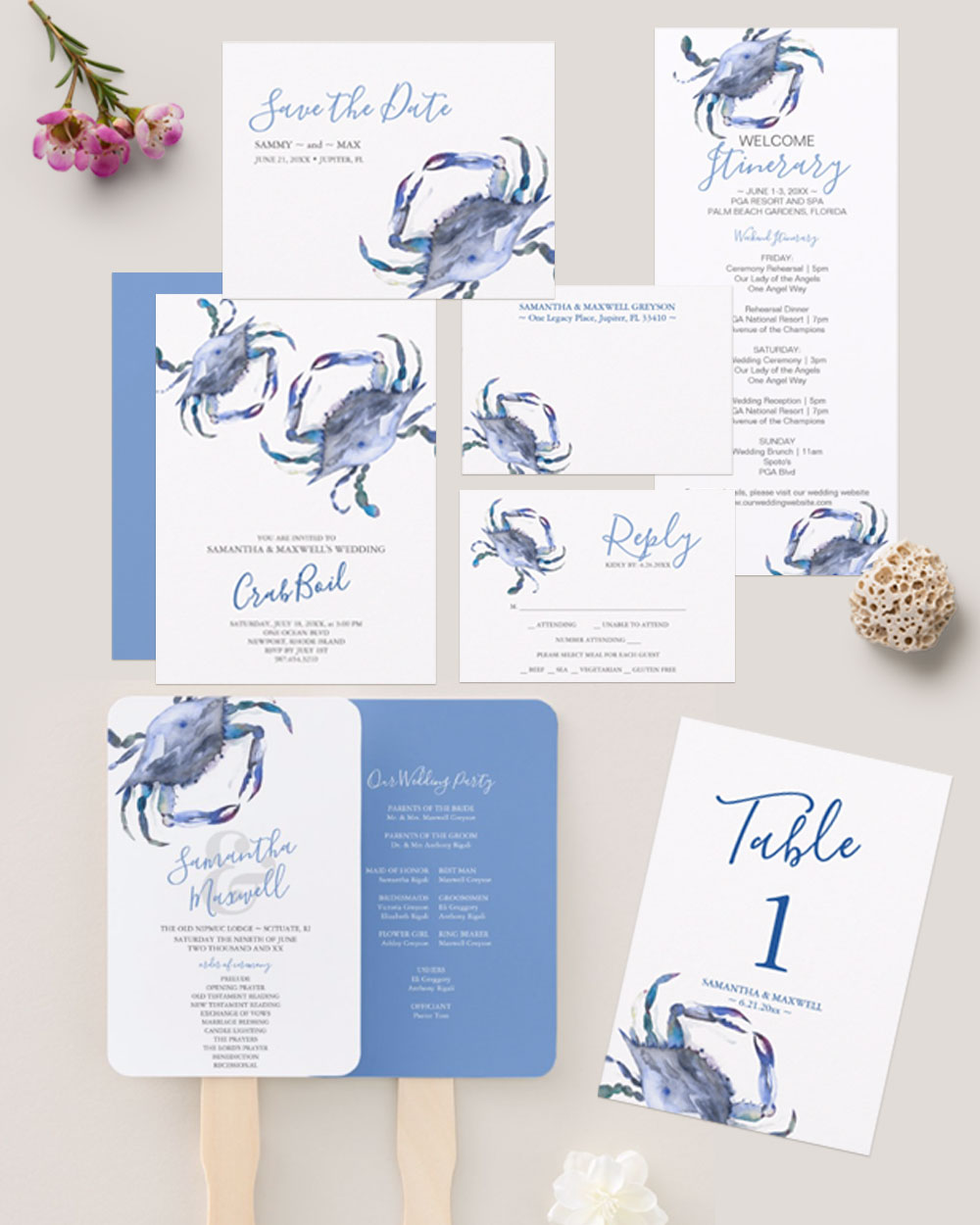 beach wedding stationery suite designed using a replica of my original watercolor crab in shades of blue