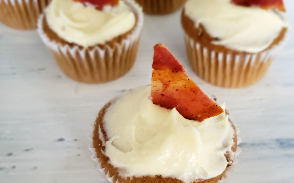 Sweet and savory spiced cupcakes made with bacon and real cream cheese frosting