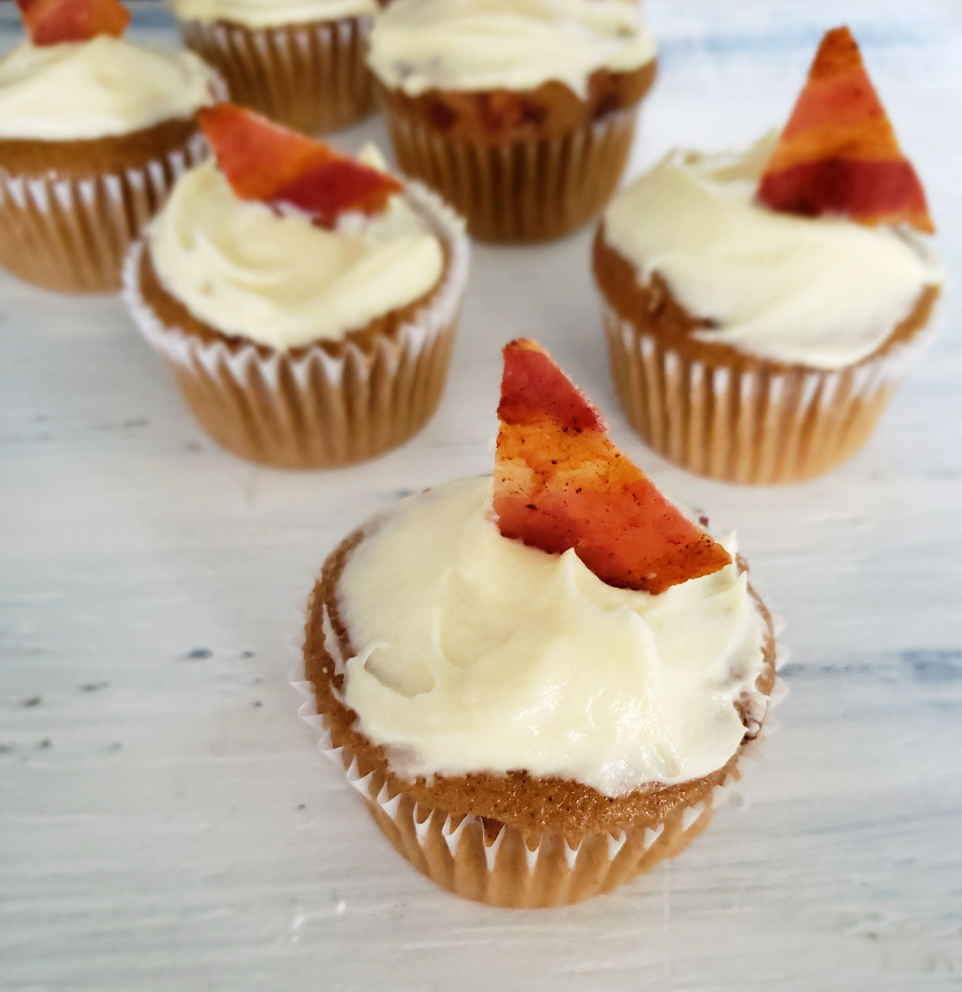 Sweet and savory spiced cupcakes made with bacon and real cream cheese frosting
