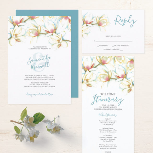 Watercolor white magnolia invitation, rsvp and wedding weekend itinerary art and design by Victoria Grigaliunas