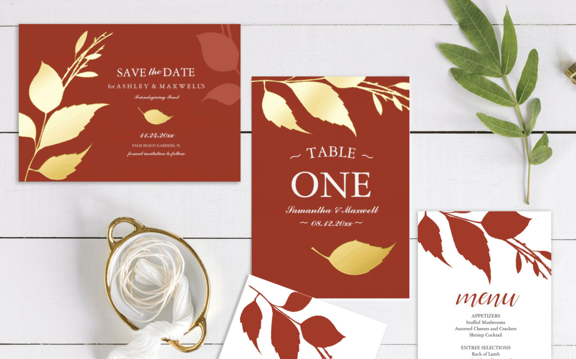 Click to shop Fall Thanksgiving Wedding Stationery and invitation suite burnt orange with real gold foil