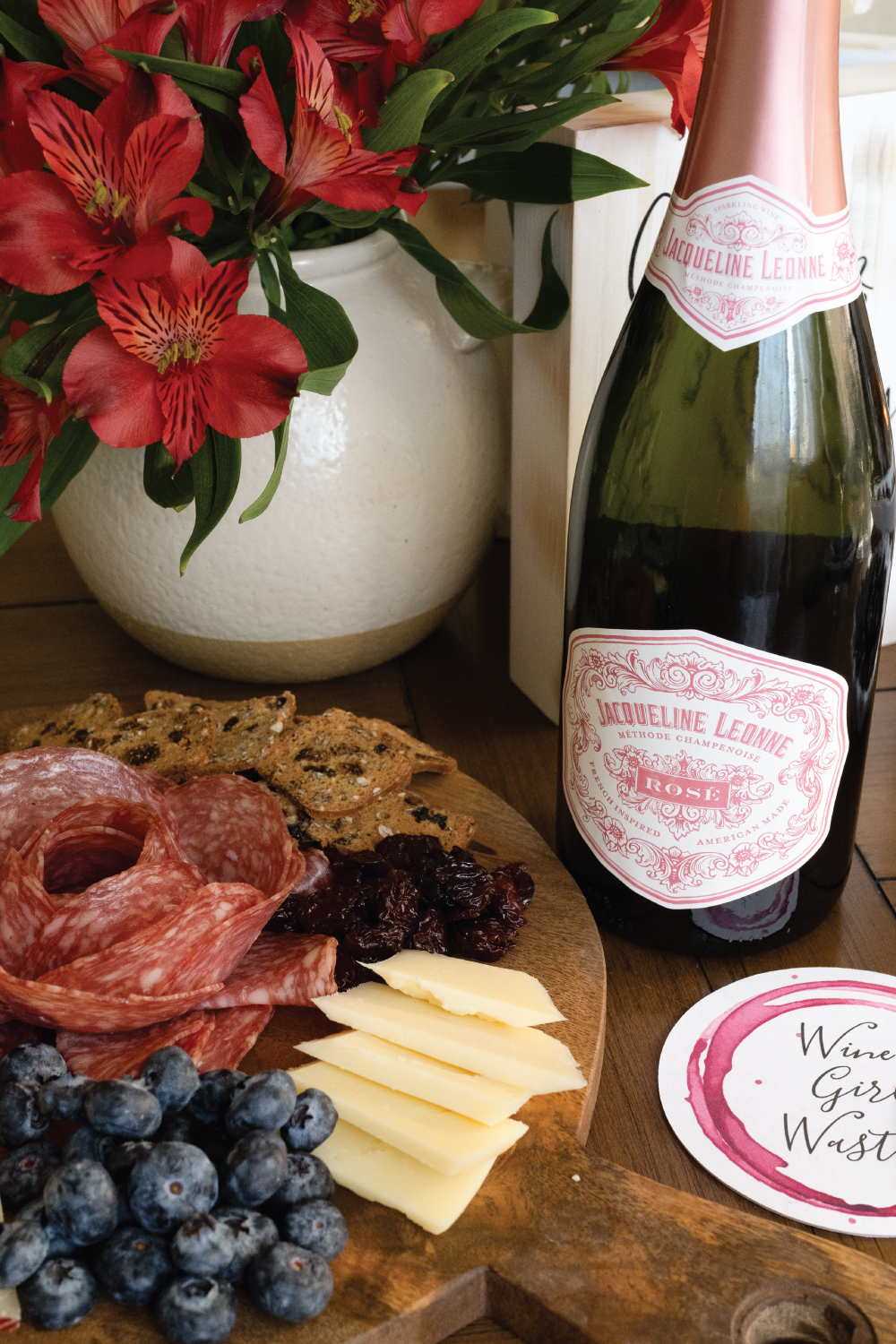 Jacqueline Leonne Sparkling Rose and charcuterie board for 2 wine pairing