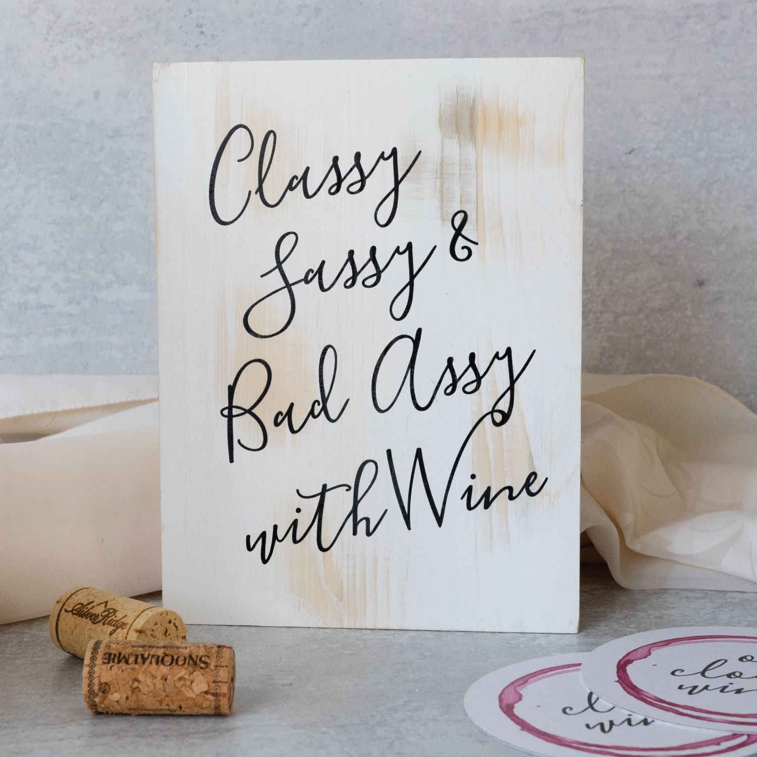 funny wooden wine sign reads classy sassy and bad assy with wine gift. Click to shop
