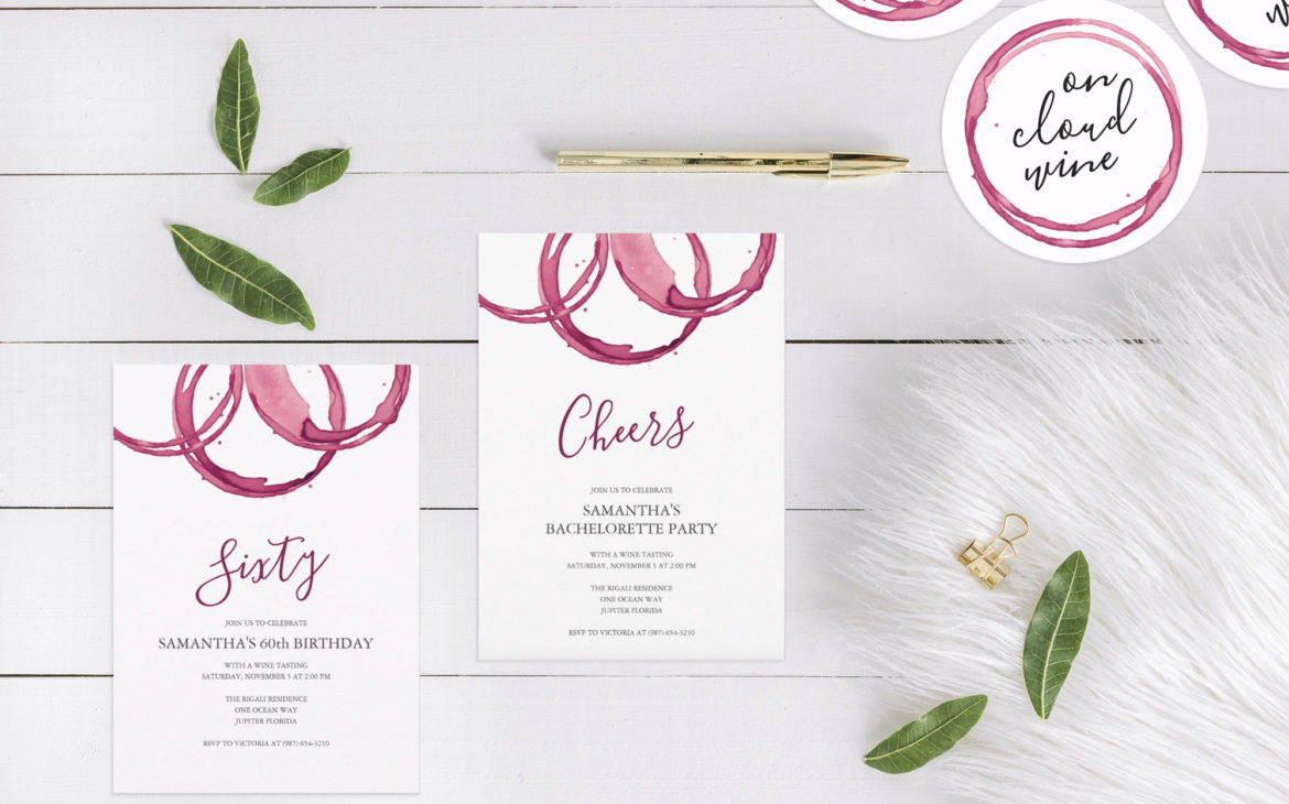 wine tasting party ideas. Invitations designed by Victoria Grigaliunas. They feature a top boarder or burgundy wine rings and trendy script typography. Personalize with your party details.