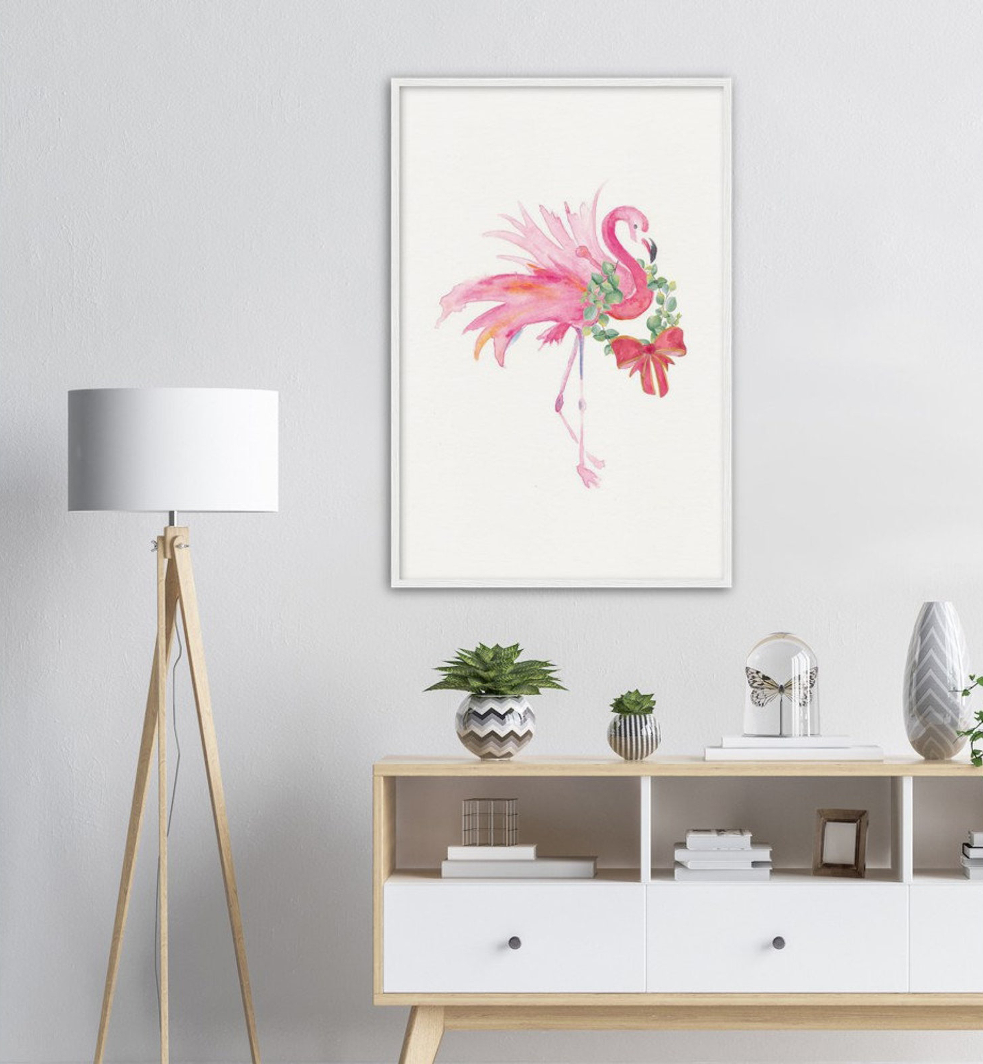Click to shop pink flamingo with wreath watercolor print at VG Invites on Etsy.
