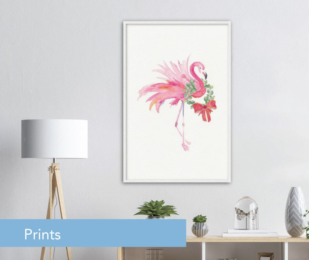 palm beach christmas. Shop watercolor prints like this pink flamingo with holiday wreath by Victoria Grigaliunas