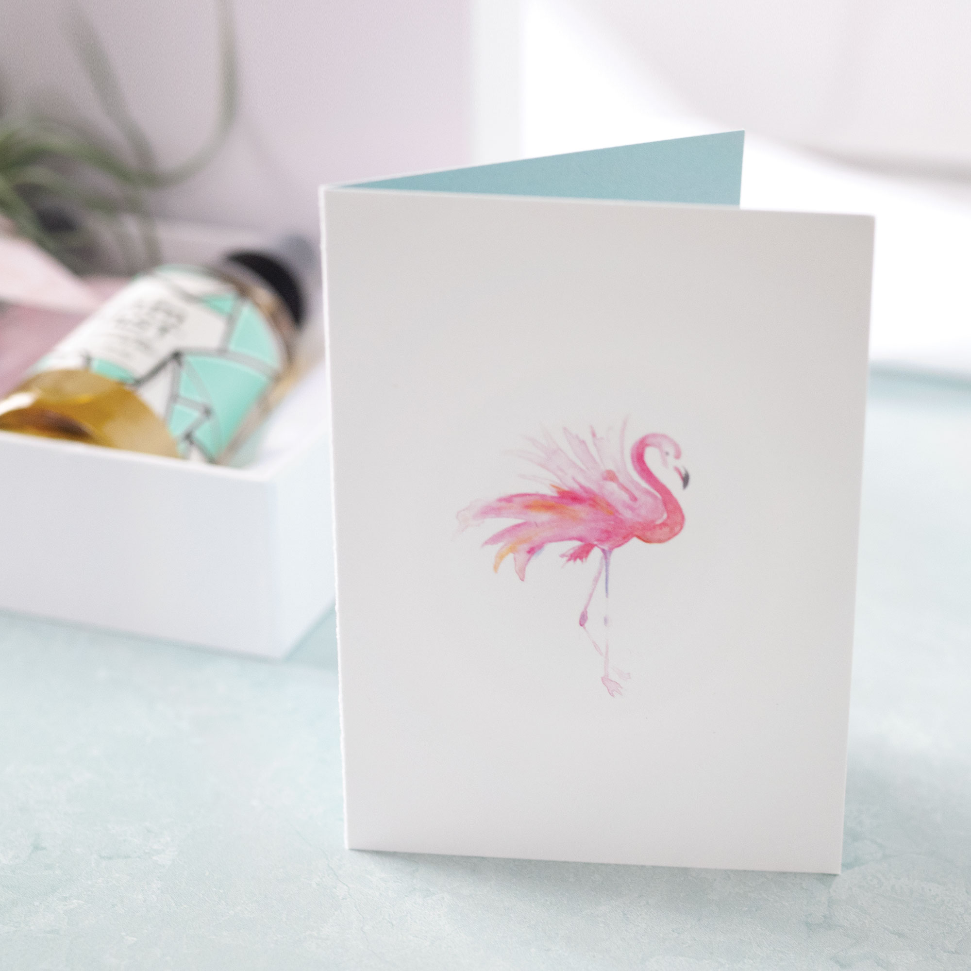 This blank watercolor pink flamingo card is perfect to write your bridesmaid proposal.