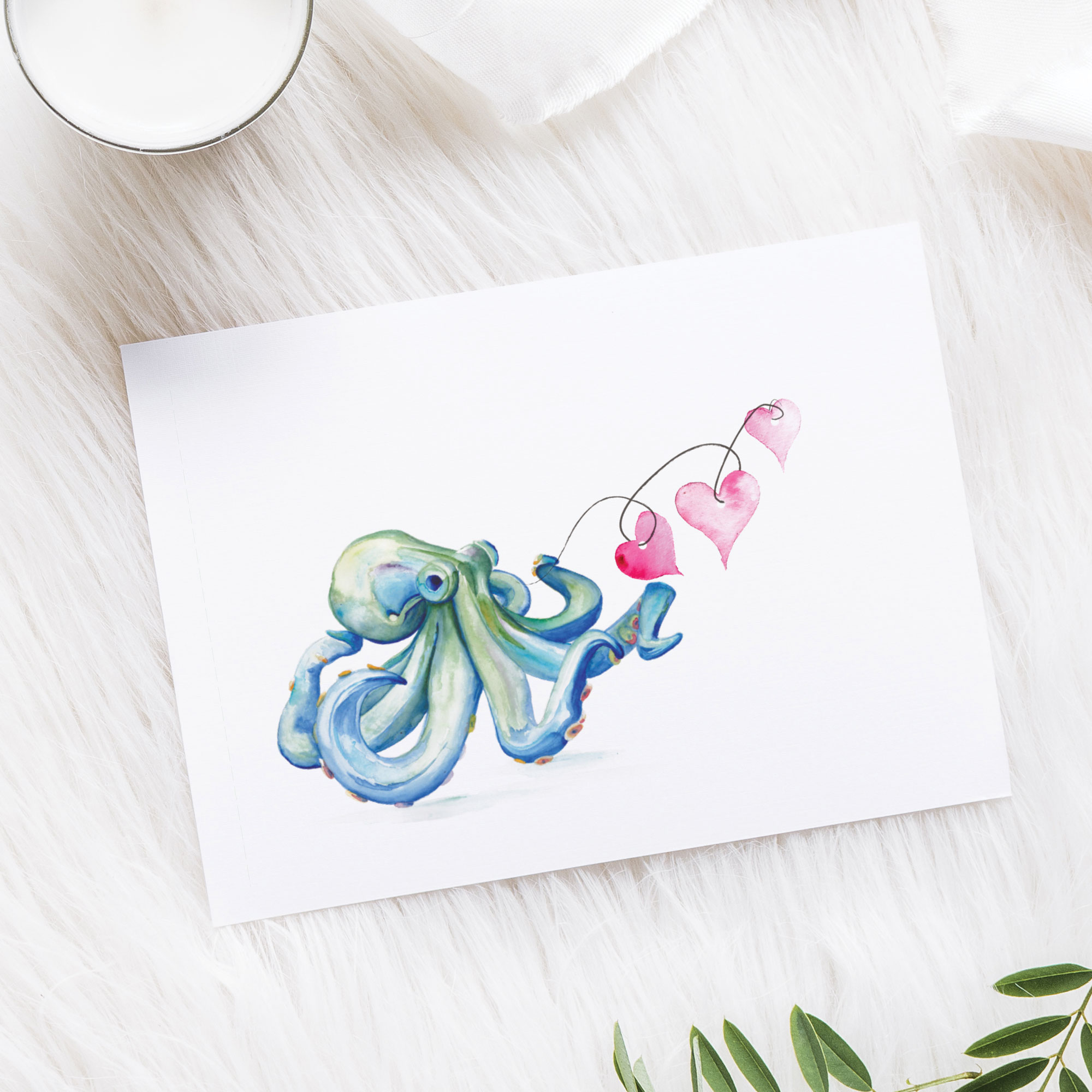 Blue Octopus Watercolor Beach Valentines Day Card