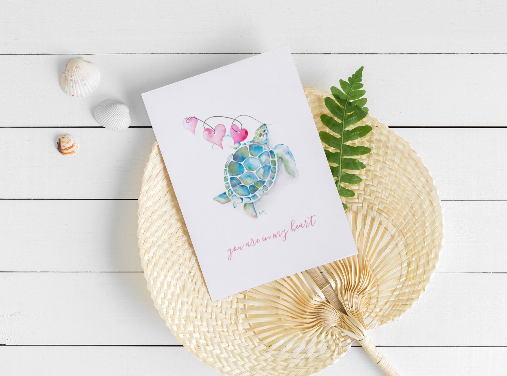 Cute Blue Watercolor Sea Turtle and Hearts Valentines Cards
