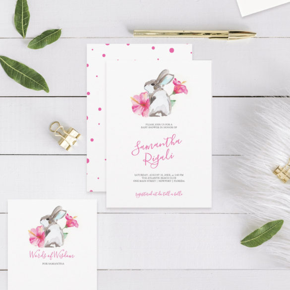 baby shower ideas featuring a cute bunny and pink floral theme in watercolor