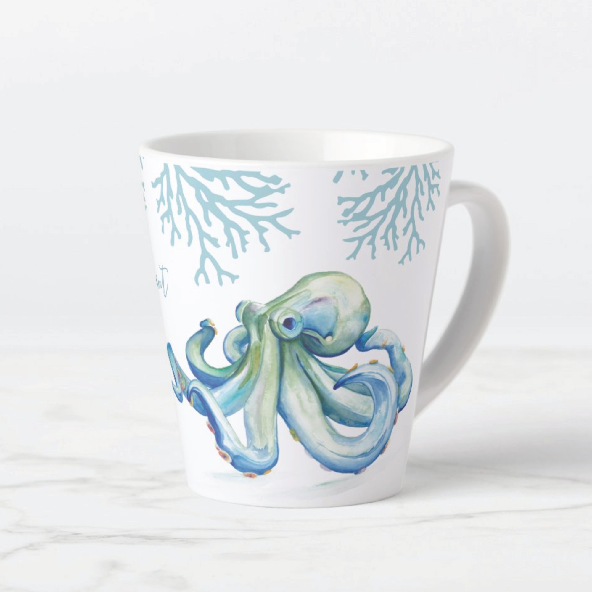 Witty Blue Watercolor Octopus Coastal Latte Mug