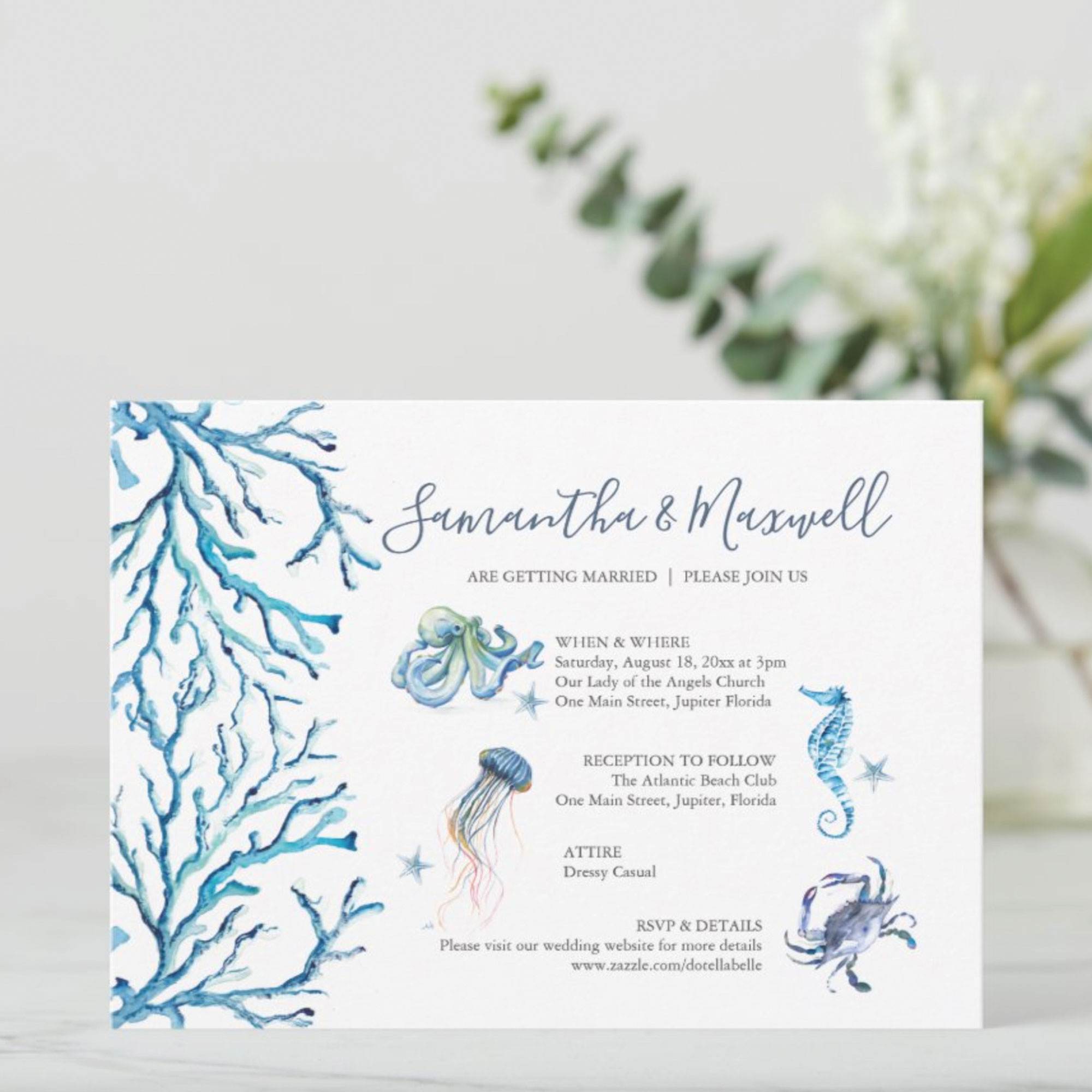 Beach Wedding Blue Watercolor Illustrated Invitation by Victoria Grigaliunas