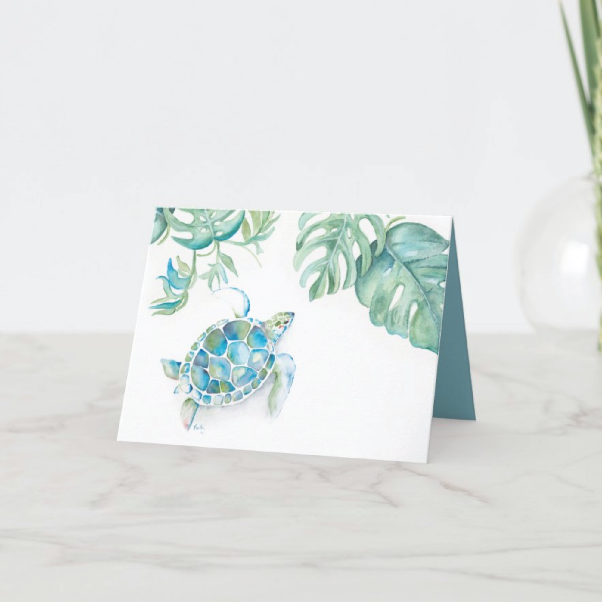 Tropical Sea Turtle Blank Inside Watercolor Thank You Card