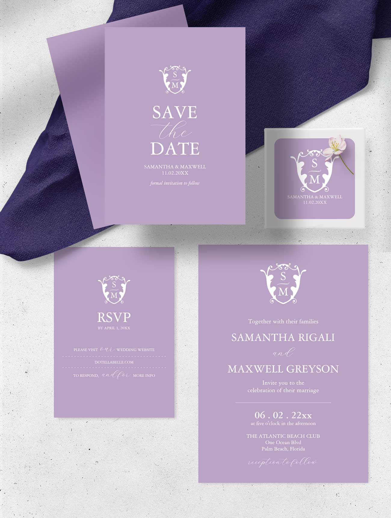 Monogram wedding invitations in a lavender color. Click to shop the suite.